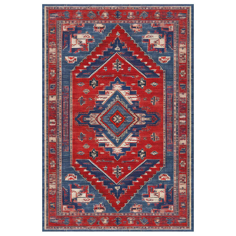 Martwon Collection Digital Print Cotton-Polyester Red Navy Rug, Runner 2'8" x 16'5"