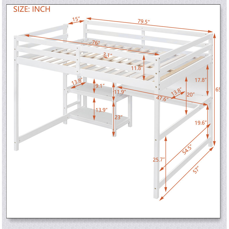 Lit mezzanine en bois avec tablette et plateau d'écriture