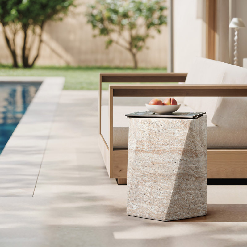 Table d'appoint Faux Travertine MgO,  H 18,78 po x l 15,35 po x P 15,35 po, Pentagone irrégulier texturé