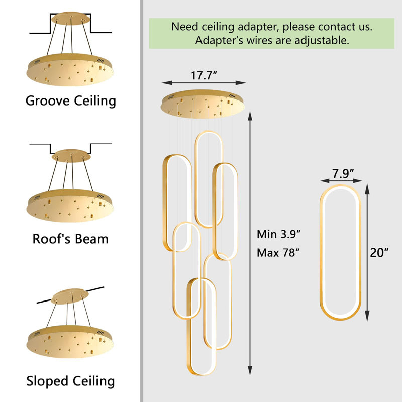 Lustre linéaire à 6 lumières DEL à intensité variable, H 78 po x l 17,7 po x P 17,7 po, Doré, 84 W