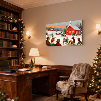 Christmas Christmas Village Scene With Carolers And Church Set of 3 Canvas Wall Art Prints
