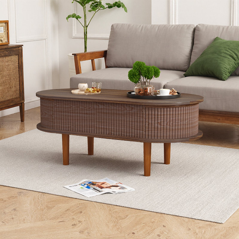 Table basse à plateau relevable moderne avec design cannelé et rangement caché, Noyer