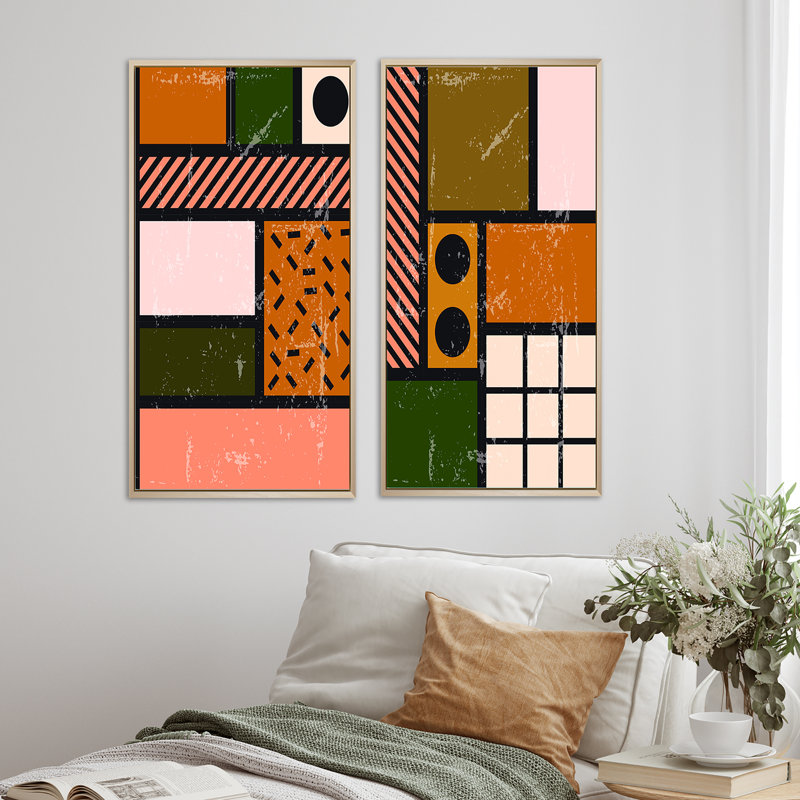 Minimal Abstract Shapes in Retro Colors IV - ensemble de 2 impressions, H 40 po x l 40 po x P 1,5 po, Toile avec cadre brun