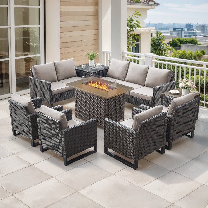 Ingvald 9 Piece All-Weather Wicker Outdoor Patio Family Conversation Set Group With Fire Pit Table, Beige