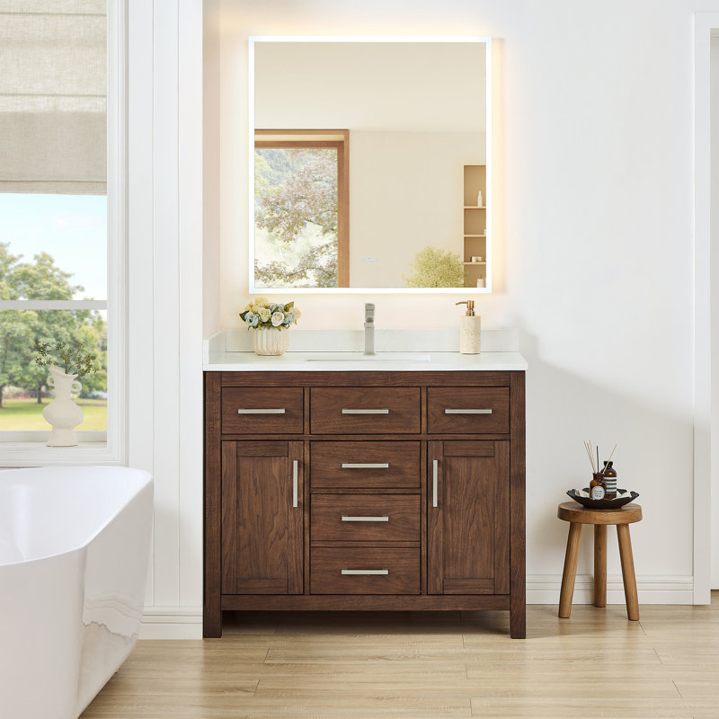Beckett 42" Freestanding Single Bathroom Vanity with Quartz Top, Brushed Gold, Giotto Quartz, Whitewashed Oak
