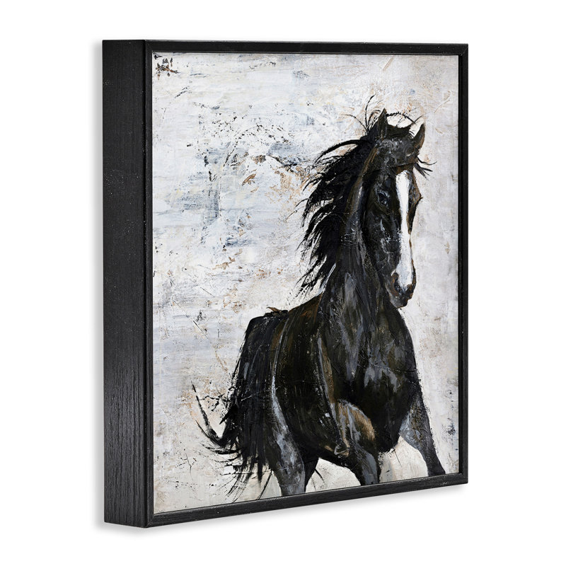 «Wild Black Horse» au galop sur fond blanc abstrait par Design Fabrikken - impression d'art graphique, H 12 po x l 12 po