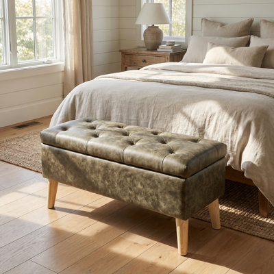 Banc avec repose-pieds de 32 po de large avec plateau intégré, repose-pieds carré avec rangement supplémentaire, repose-pieds rembourré et banc de bout de lit, parfait pour le salon, la chambre à coucher