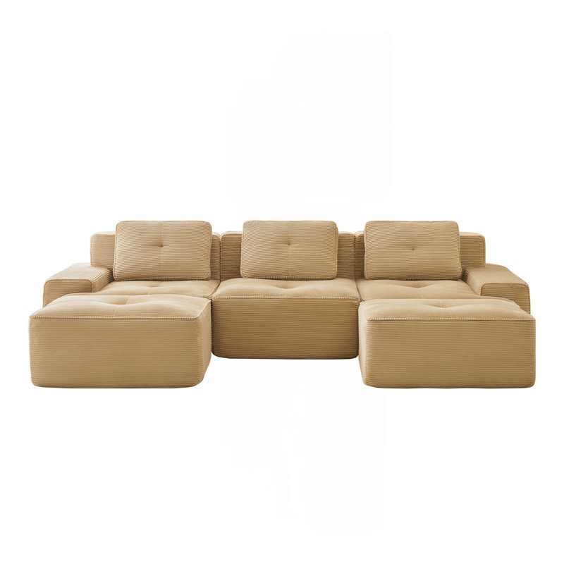 Canapé modulaire en forme de U de 117 po pour salon modulaire en tissu velours côtelé de 117 po avec siège profond et repose-pieds mobile, passepoil perlé, conception sans assemblage, conception antidérapante