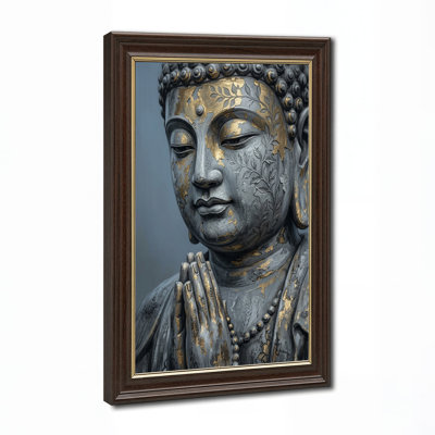Grey Buddha Statue With Gold Leaf And Prayer Hands Canvas Wall Art