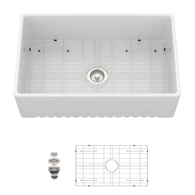 Évier de cuisine à tablier blanc de 30 pouces, évier de ferme réversible en céramique avec texture nervurée élégante, faible absorption d'eau, résistant à la chaleur et facile à nettoyer, bonde simple en porcelaine standard de 30 x 18 x 10 pouc