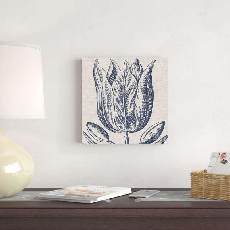 Indigo floral sur lin VI, H 12 po x l 12 po x P 1,25 po