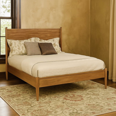 Mid - Century Queen Platform Bed Of Oak Finish, Engineered Wood, Slatted Base For Airflow Finish Modern Bed, Round Tapered Legs, Slat Kit, Bedroom Ess