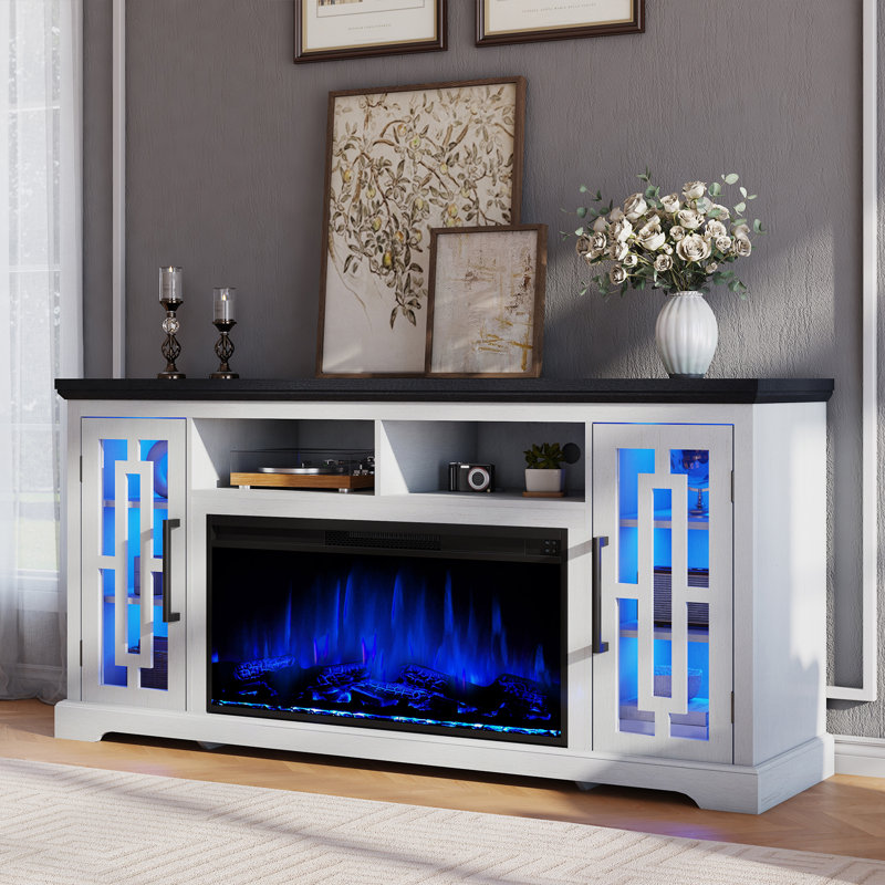 Farmhouse Fireplace Tv Stand With  Led Lights & Adjustable Shelves, White