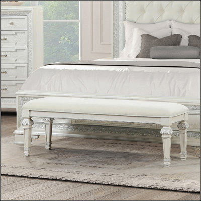 Traditional Creamy White Bench With Ornate Round Knobs And Diamond-Button Tufting, Metal Silver Finish