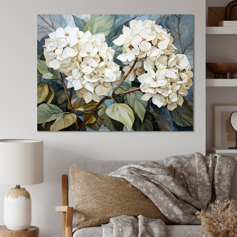 «Cubist Hydrangea L'interpretation» - art mural hortensia, H 30 po x l 40 po x P 1,5 po, Toile tendue