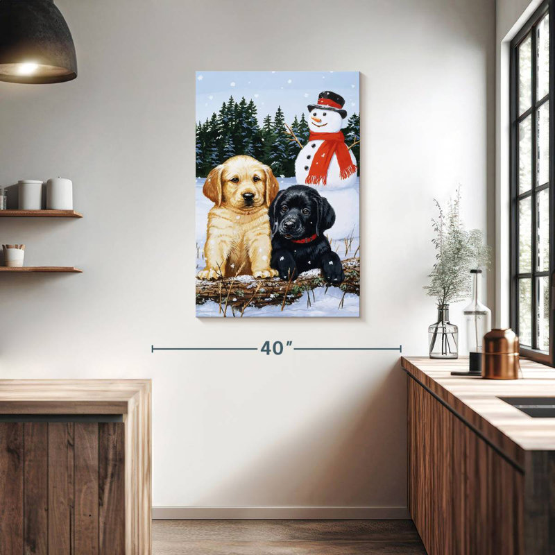 Brampt Lab Puppies With Snowman, 39" H x 26" W