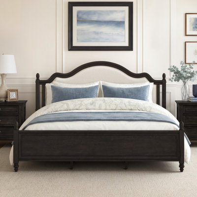 Obert Mid-Century Modern Upholstered Solid Wood Bed With Camel Headboard