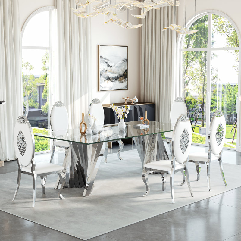 Modern Dining Room Sets,  94.49" Rectangular Tempered Glass Dining Table With Stainless Steel Dining Chairs, Silver