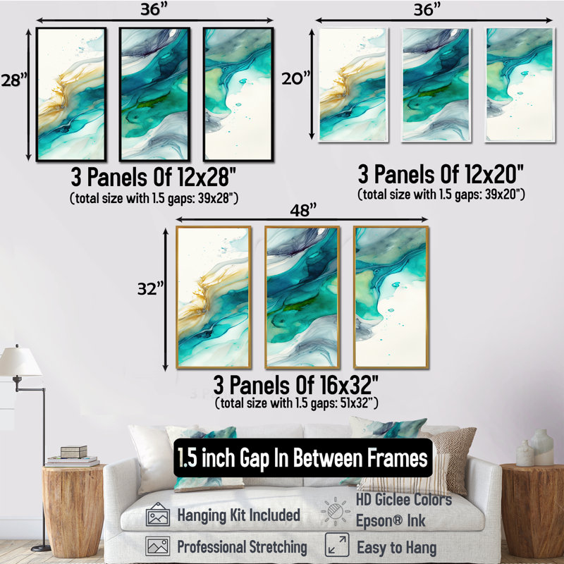 «Tropical Turquoise Joyfulness VI», reproduction sur toile 3 pièces, H 28 po x l 36 po x P 1 po, Toile avec cadre doré