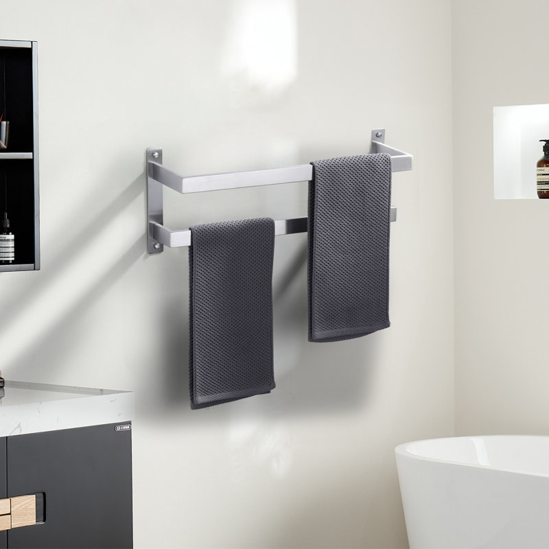 2-Tier Stainless Steel Wall Mounted Square Towel Rack With Concealed Mounting Hardware Staggered Two Rod Towel Rack
