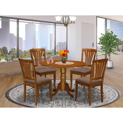 5 Piece Dinette Set for 4 Includes a Round Dining Table with Dropleaf and 4 Linen Fabric Dining Room Chairs, Saddle Brown