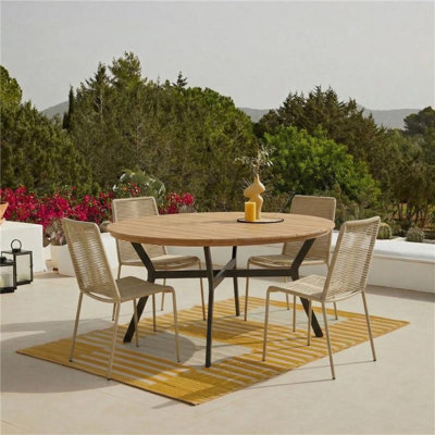 4 Seater Round Wooden Garden Set with Khaki Chairs