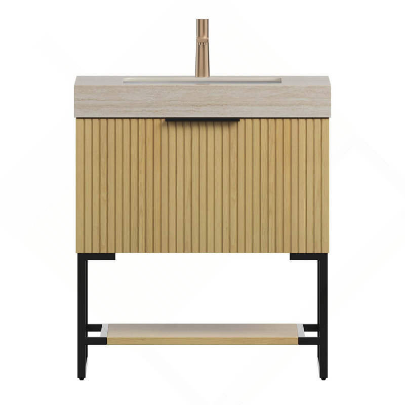 Meuble-lavabo de salle de bain 30 po, lavabo autoportant en contreplaqué rayé avec tiroir et tablette ouverte, comptoir en pierre frittée et vasque en céramique encastrée, pré-assemblé