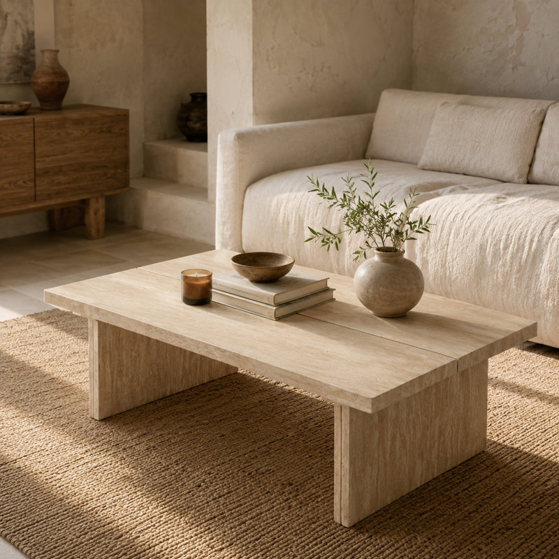 Rectangular Faux Travertine Coffee Table with Split Top and Thick Slab Legs