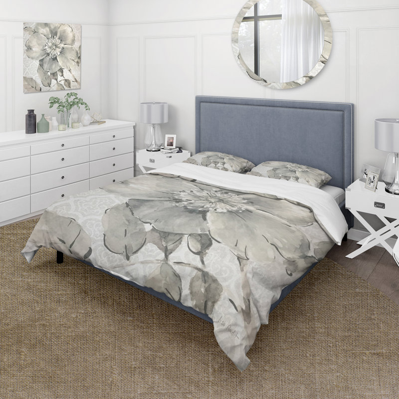 Indigold Grey Peonies II - Farmhouse Duvet Cover Set - Microfiber Polyester, King Duvet Cover + 2 Shams
