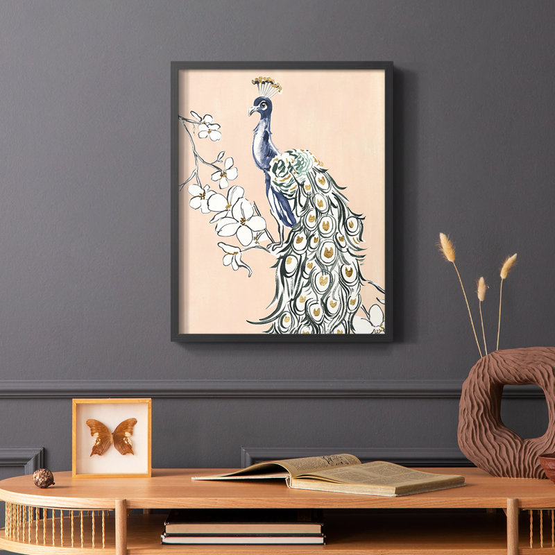 «Peacock in Gold IV», reproduction encadrée - bois massif, Noir, H 20 po x l 16 po