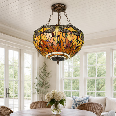 Luminaire suspendu bol en verre coloré de style libellule Tiffany avec éclairage chaud E26 à 3 lumières