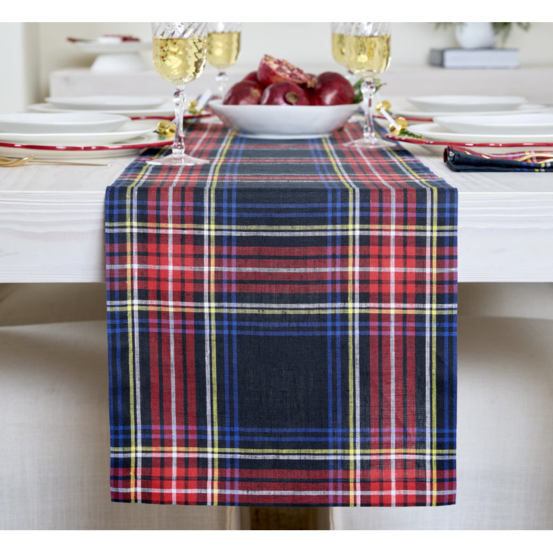Stewart Plaid - 100% Pure Linen Christmas Table Runner, 60" x 14", Red/Black