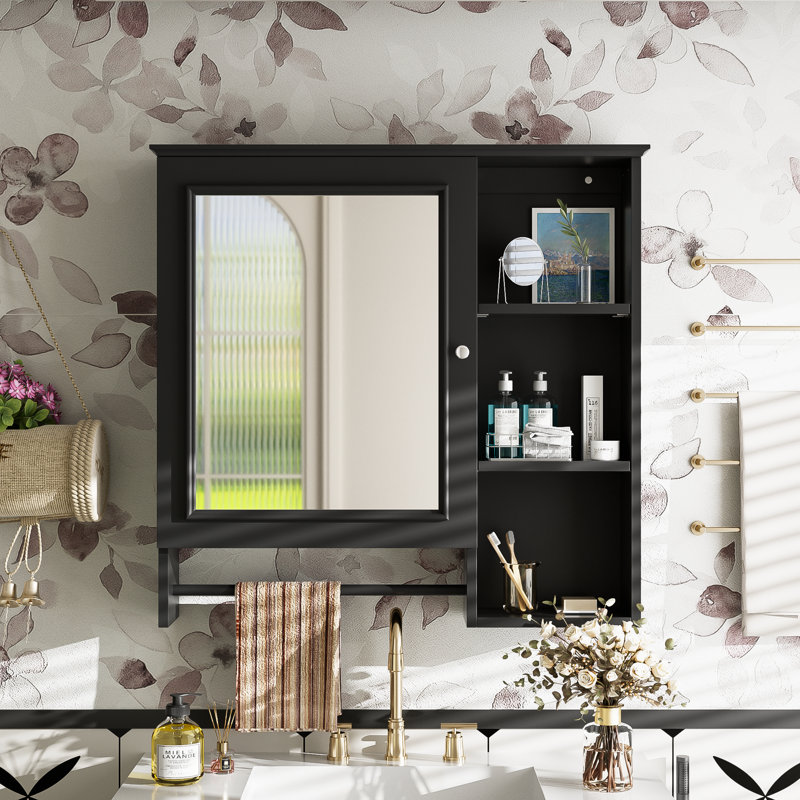 Armoire de rangement murale avec grande porte miroir et tablettes réglables, Noir, noir, noir, noir