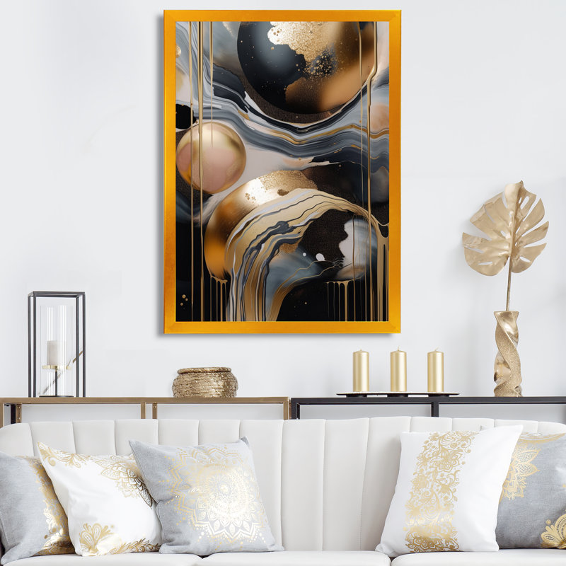 Reproduction d'art sur toile marbrée dorée et noire Euphoria V, Impression dorée sur toile encadrée