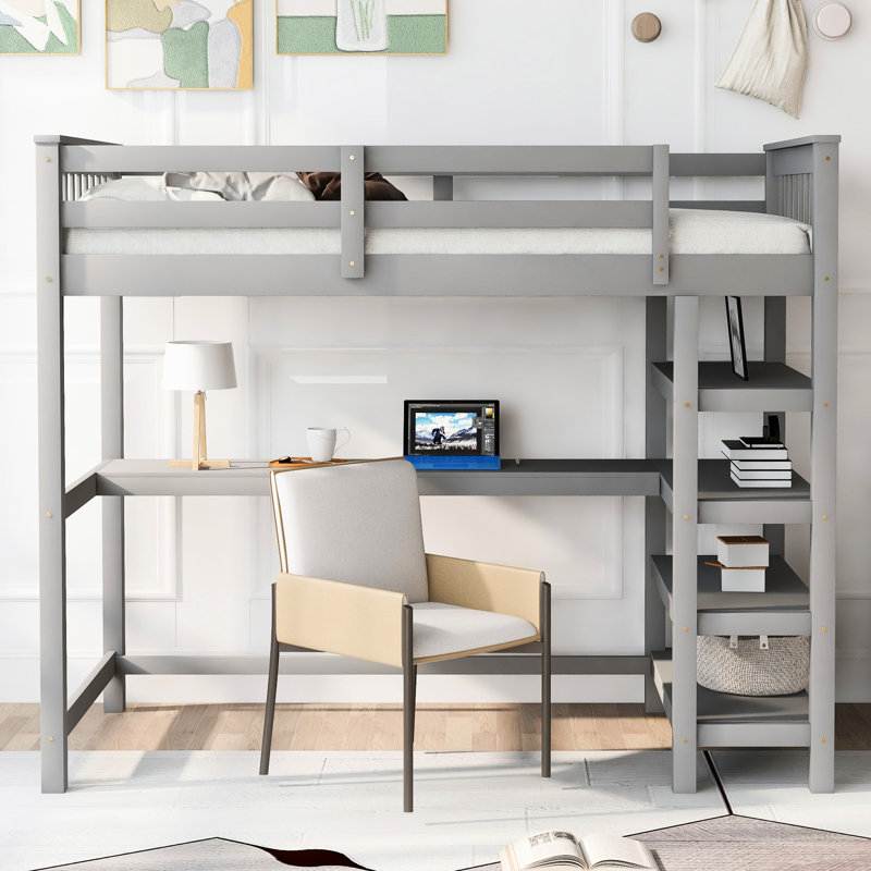 Lit mezzanine simple gris avec rangement et bureau - Fabrication en bois massif pour l'espace dans les tablettes, Lit simple