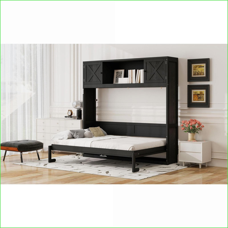 Bois de pin pleine grandeur Lit escamotable en bois aggloméré avec armoires de rangement - noir | Solution de chambre d'amis peu encombrante