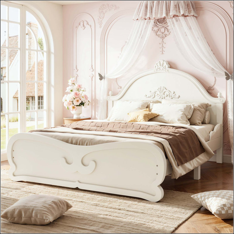 Lit plateforme double rétro avec tête de lit, Beige