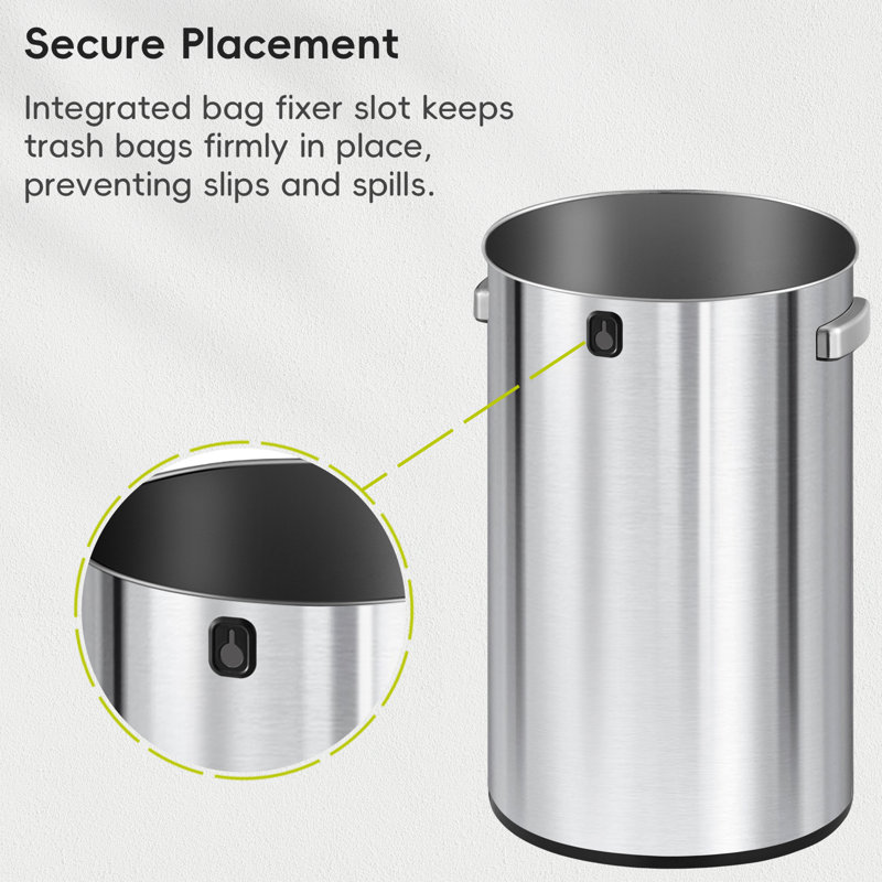 EKO 16-Gallon Round Stainless Steel Open Top Trash Can, Large Commercial Waste Bin With Detachable Lid And Carrying Handle, Brushed Metal Garbage Bin For Home, Office, Restaurant, Restroom
