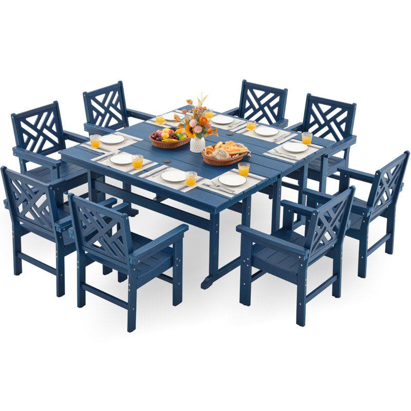 Hdpe Outdoor Dining Set,10-piece Outdoor Table And Chairs Include 8 Dining Chairs And 2 Pcs 62.5" Patio Dining Table With Umbrella Hole (blue)