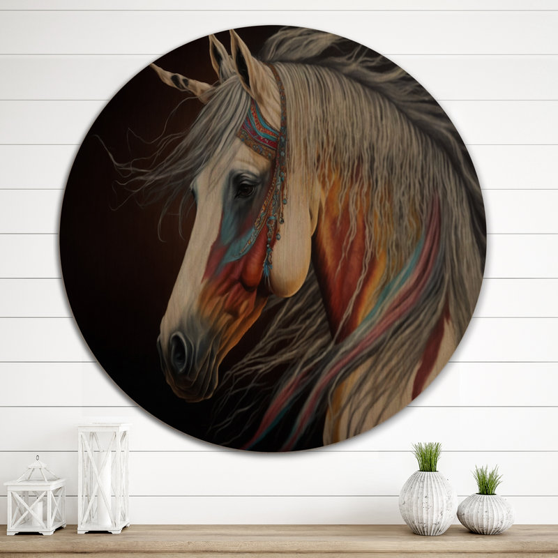 Cheval indien avec crinière colorée V - Art mural moderne en bois - Bois de pin naturel, L 29 po x H 29 po