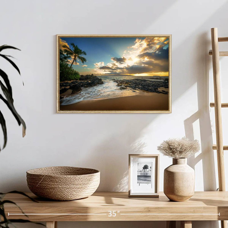Makena Cove, ciel coucher de soleil, Cadre flottant en bois naturel, 19 po x 13 po