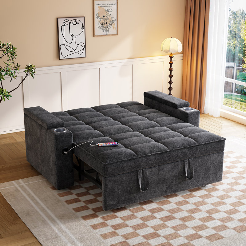 65" Upholstered Multi-Functional Sofa Bed with Built-in Desk & Charging Station - Modern Chenille Pull-Out Sleeper for Living Room & Work From Home Setup