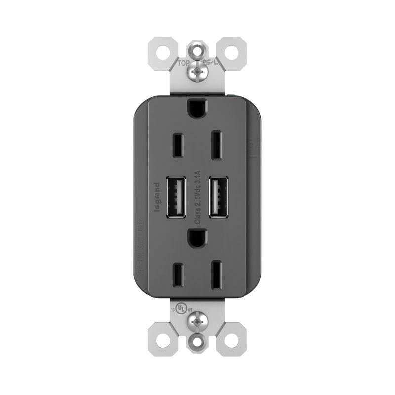 Radiant 15 Amp Tamper Resistant 3.1A USB Type A/A Outlet, Black