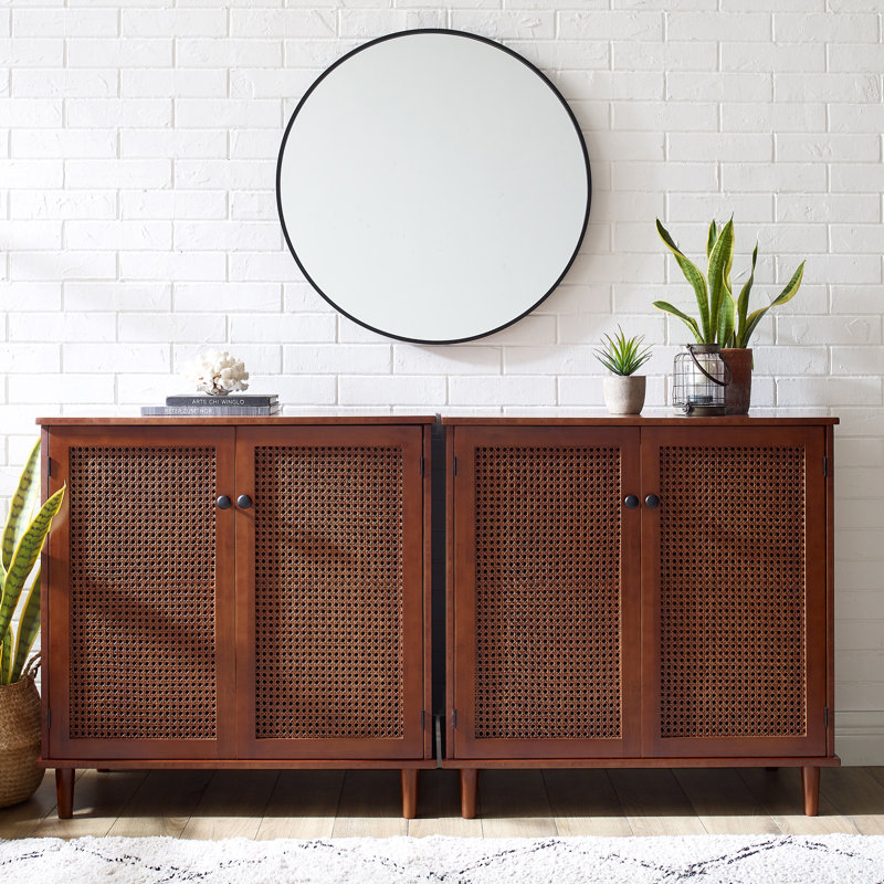 Arica 63" W 4-Door Cane Rattan Sideboard with Solid Wood Legs, Walnut