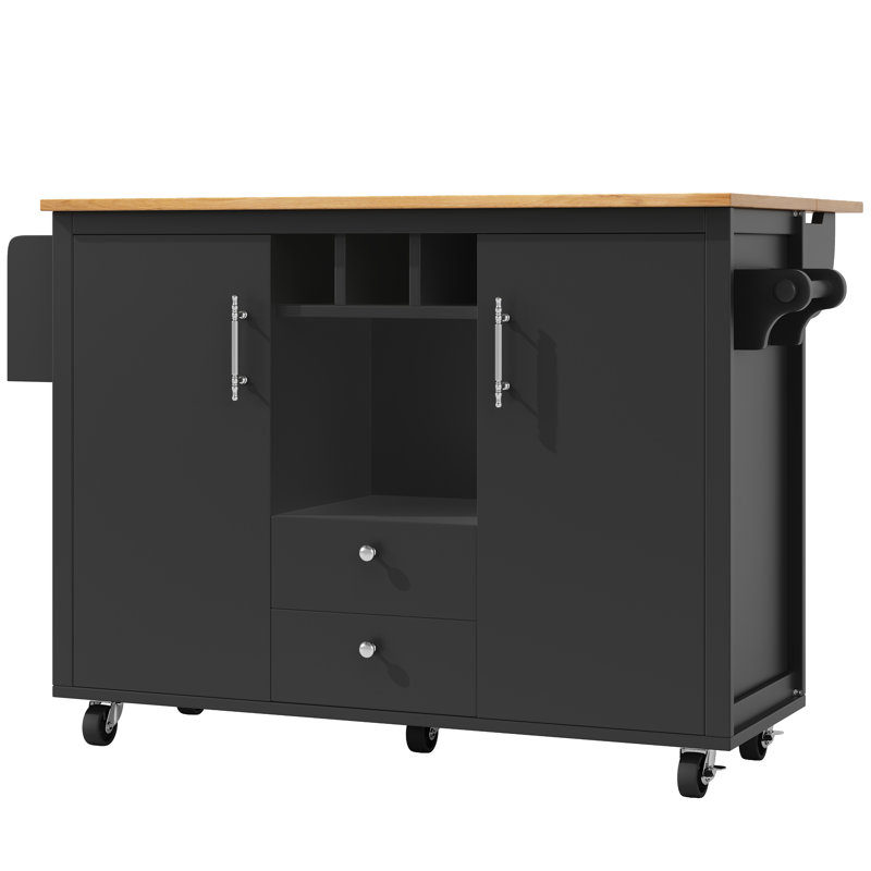 Kitchen Island With 2 Doors , 2 Drawers And Wine Rack, Black