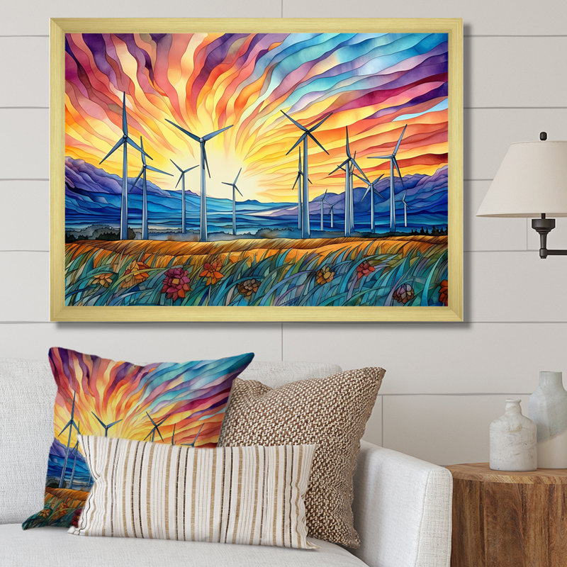 Éoliennes au lever du soleil, H 24 po x l 32 po x P 1 po, Cadre doré simple