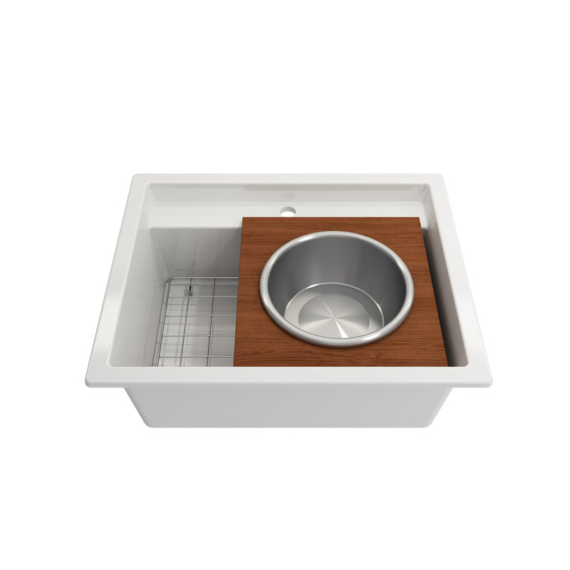 Wood Board With Large Round Stainless Steel Mixing Bowl And Colander F/1616, 1618, 1633 (Inner Ledge)
