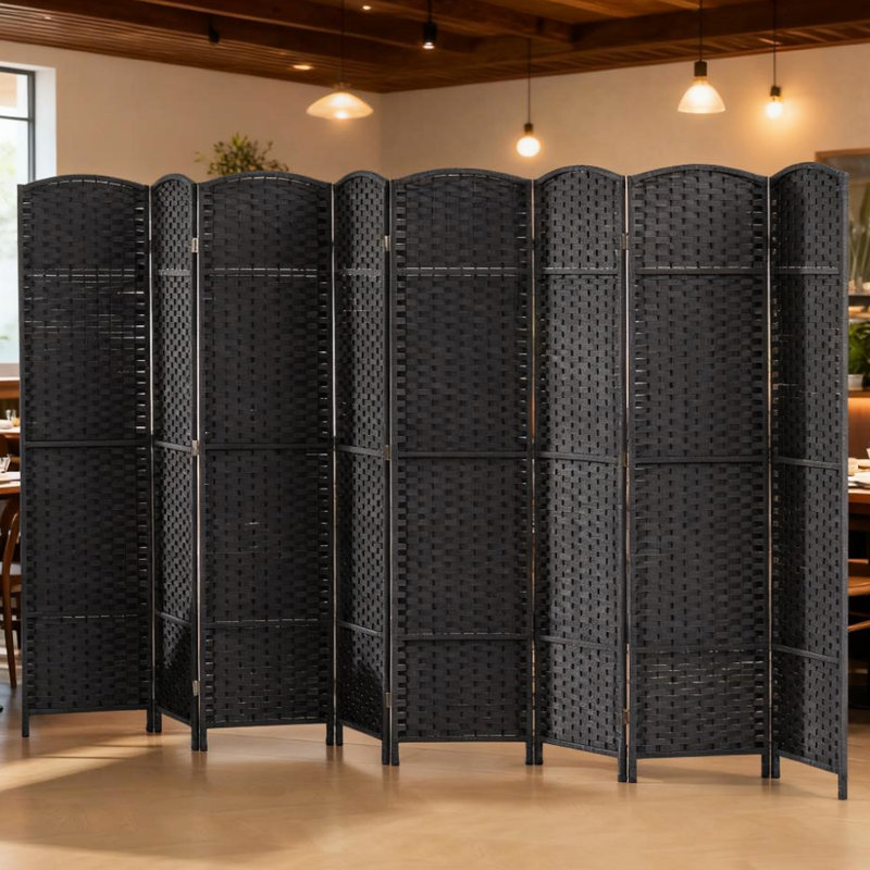 Freestanding 8 - Panel Privacy Screen With Hand Woven Pattern, Polypropylene And Pine Wood, Ideal For Home Reading Corners Folding Room Divider Arched Top, Design, Durability Privacy, Wood Frame