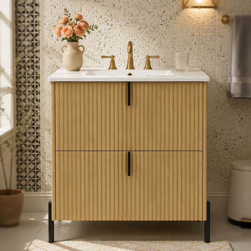 Meuble-lavabo autoportant de 30 po avec lavabo en céramique, avec poignées verticales et tiroirs pleine extension, meuble-lavabo autoportant avec glissières de tiroir à fermeture en douceur