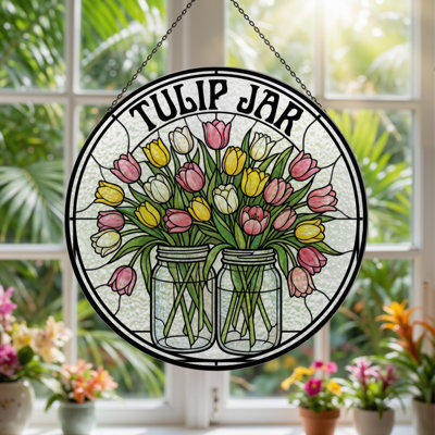 12"H Tulip Jar Stained Glass Window Panel